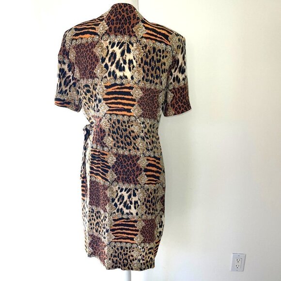 Robbie Bee Silk Dress Womens Size 10 Vintage Animal Print Faux Wrap Side Tie - Picture 15 of 15